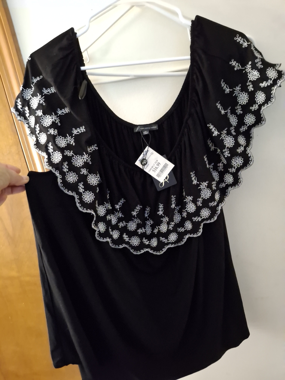 Adrianna Papell Black Sleeveless Top with White Floral Embroidered Ruffle